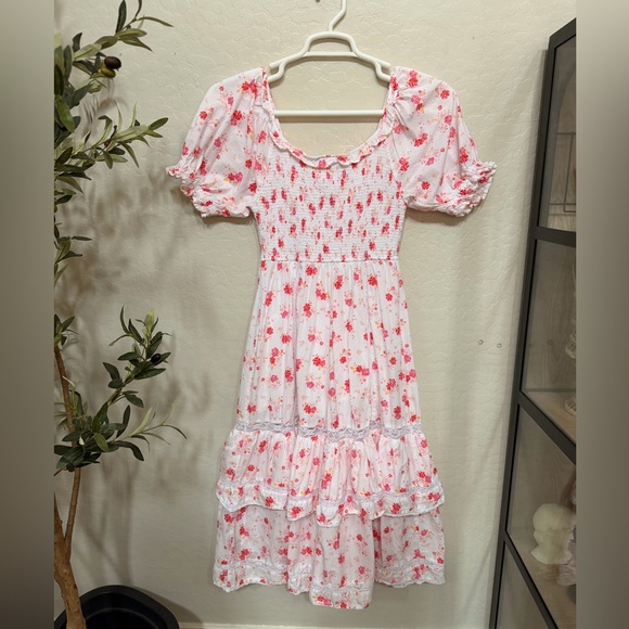 LoveShackFancy White Dress with Pink Floral Print 100% Cotton - Picture 2 of 5